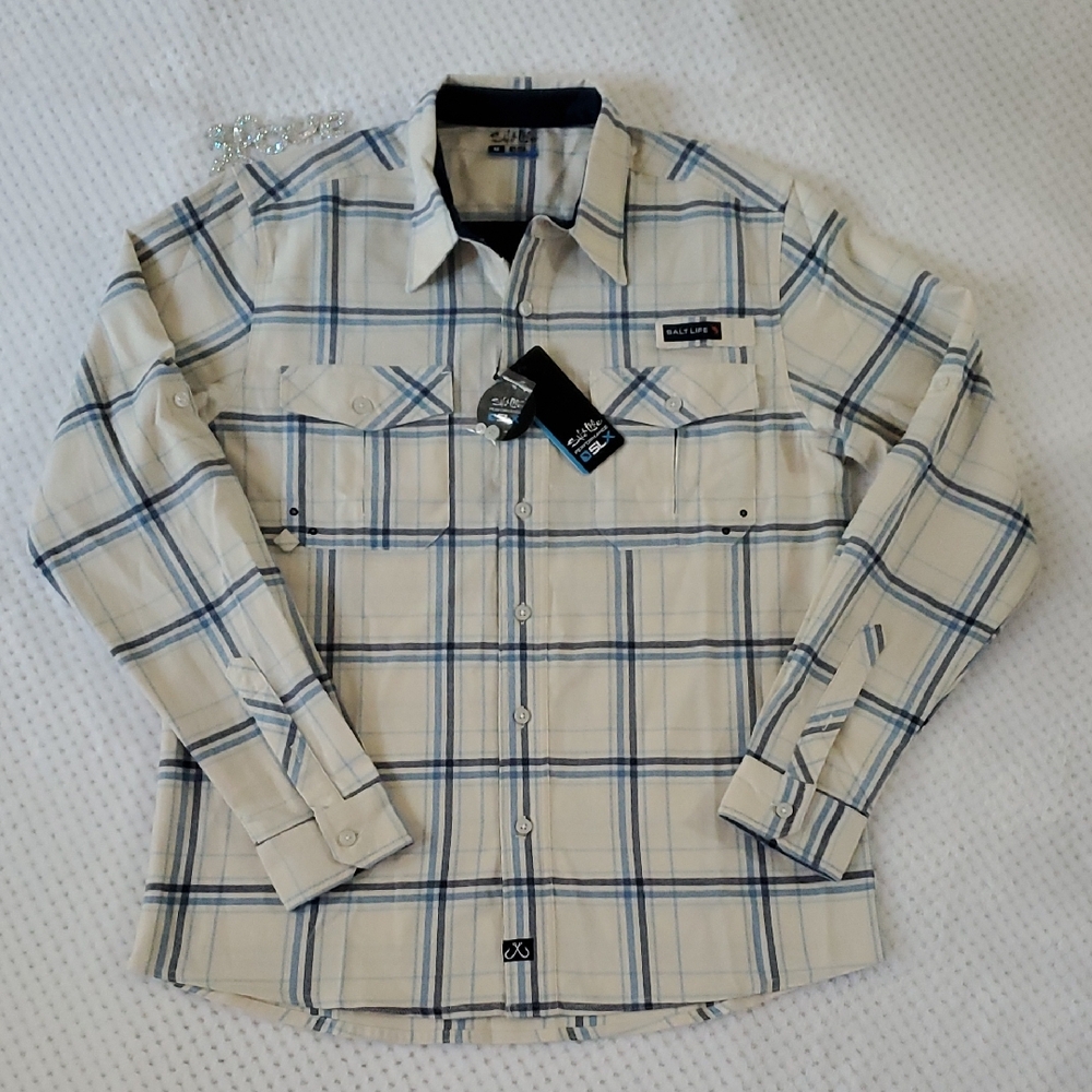 Salt Life Plaid Men's Shirt Medium New Beige and Blue